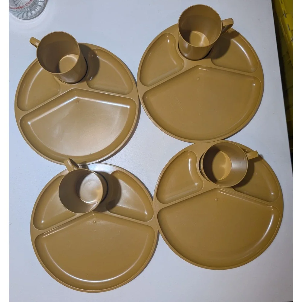 Vintage Harvest Gold Plastic Divided Picnic Plates and Mugs Set of 8 1970s Retro